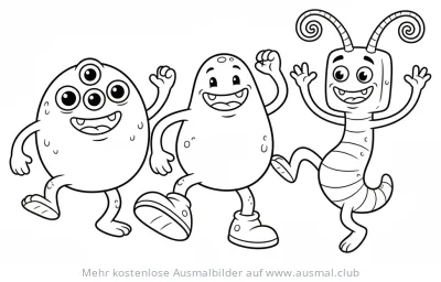 Drei tanzende Monster Ausmalbild