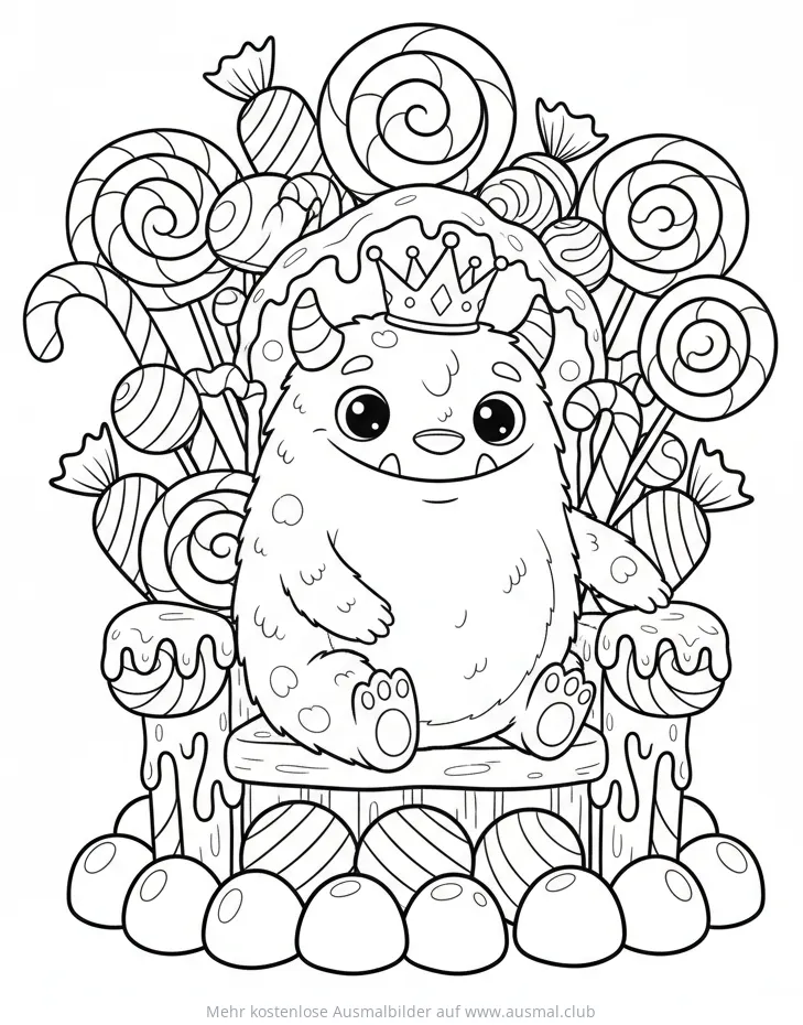 Monster König auf Süßigkeiten Thron Ausmalbild