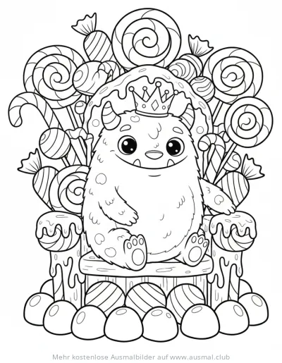 Monster König auf Süßigkeiten Thron Ausmalbild