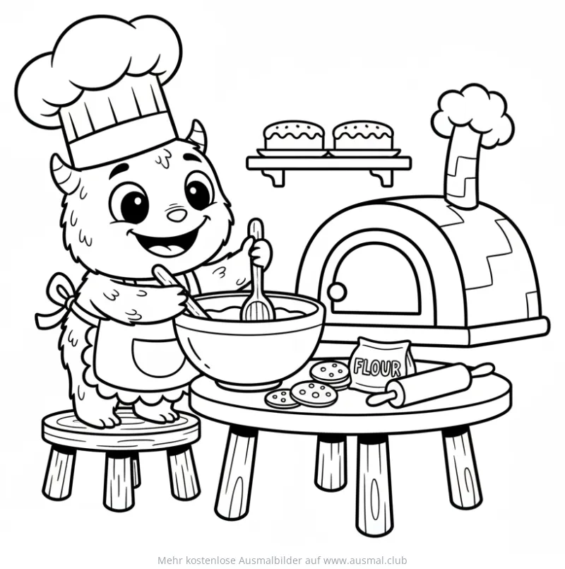 Monster als Bäcker beim Teig rühren Ausmalbild
