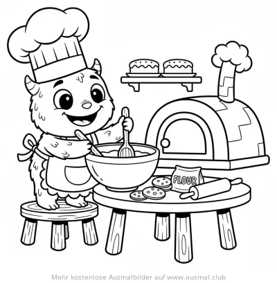 Monster als Bäcker beim Teig rühren Ausmalbild