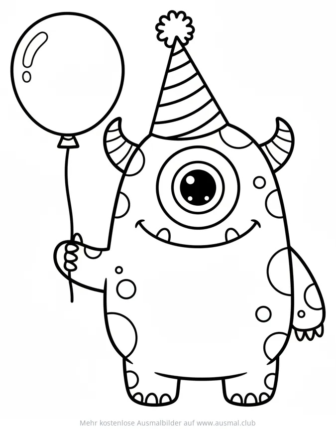 Einäugiges Monster mit Partyhut und Luftballon Ausmalbild