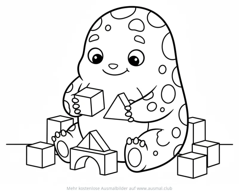 Monster mit Punkten spielt mit Bauklötzen Ausmalbild