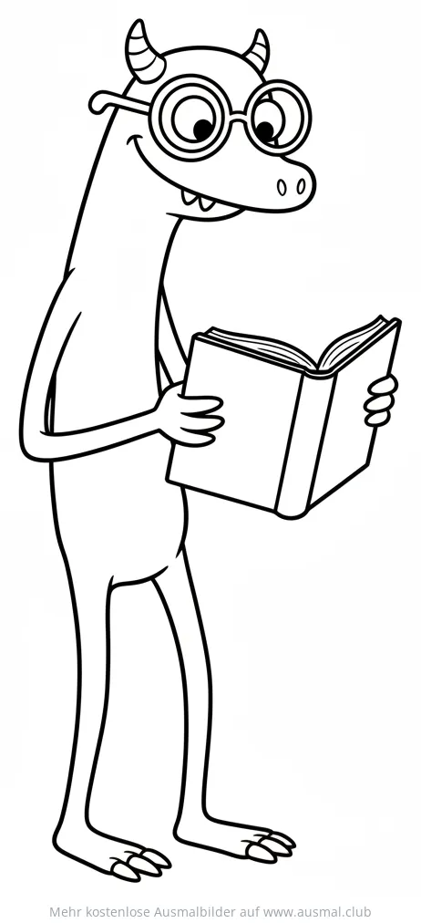 Monster mit Brille liest Buch Ausmalbild