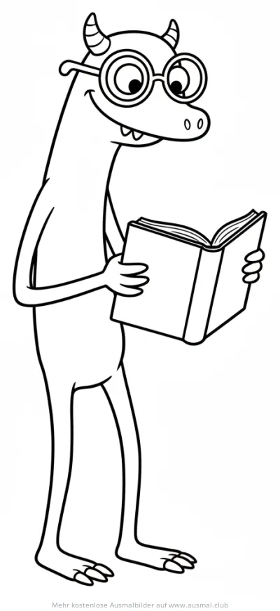 Monster mit Brille liest Buch Ausmalbild