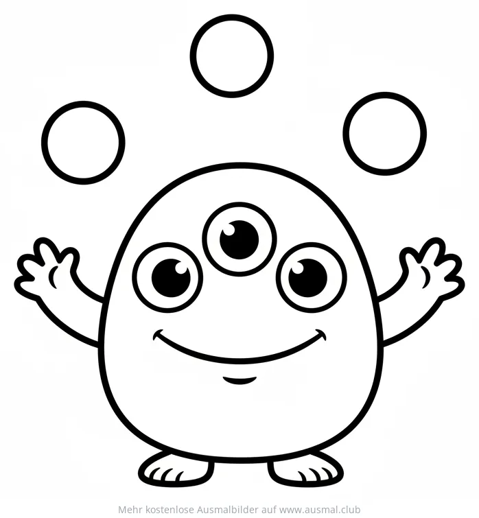 Dreiäugiges Monster jongliert mit Kugeln Ausmalbild