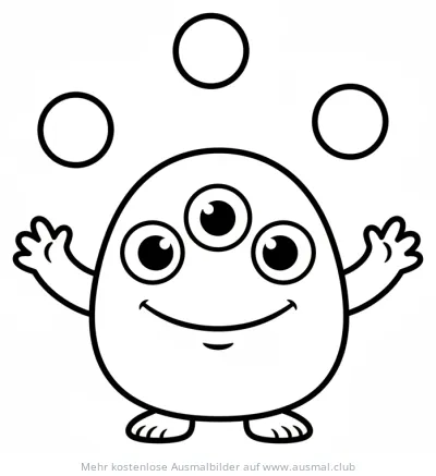 Dreiäugiges Monster jongliert mit Kugeln Ausmalbild