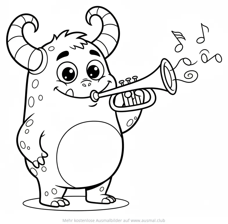Monster mit Hörnern spielt Trompete Ausmalbild