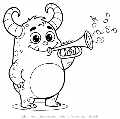 Monster mit Hörnern spielt Trompete Ausmalbild