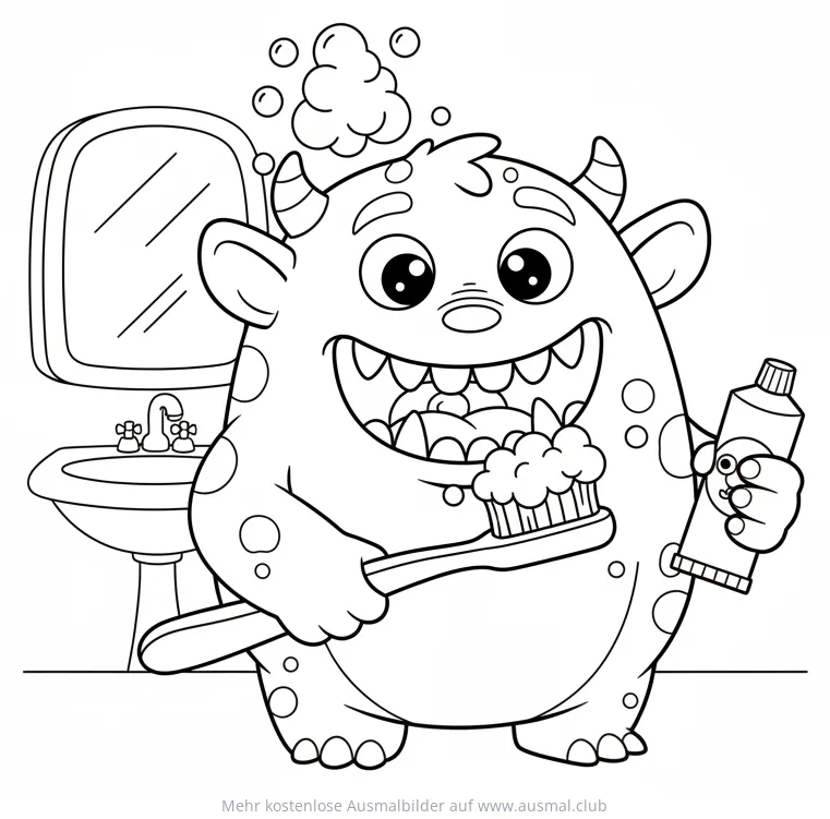 Monster mit Zahnbürste und Zahnpasta Ausmalbild
