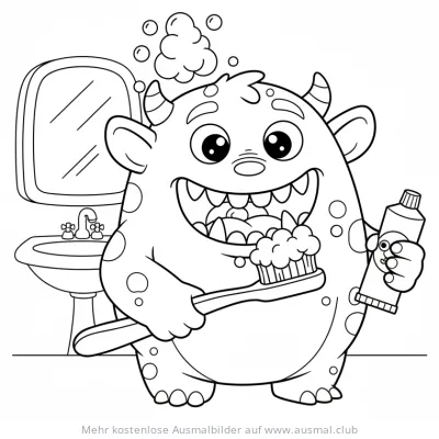 Monster mit Zahnbürste und Zahnpasta Ausmalbild