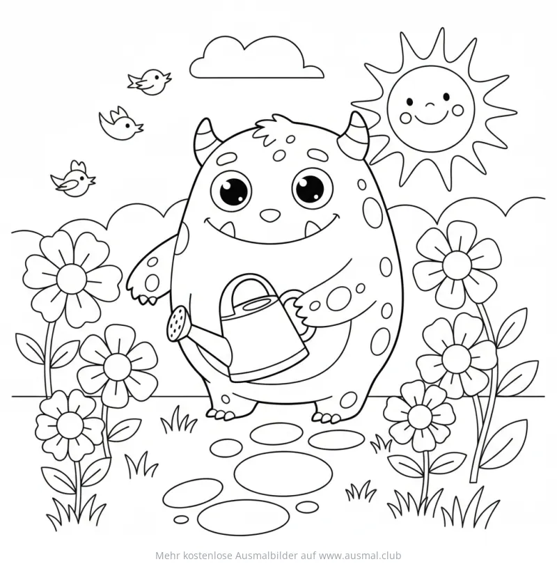 Freundliches Monster gießt Blumen mit Gießkanne Ausmalbild