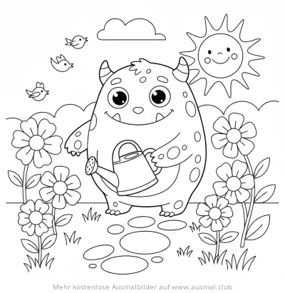 Freundliches Monster gießt Blumen mit Gießkanne Ausmalbild