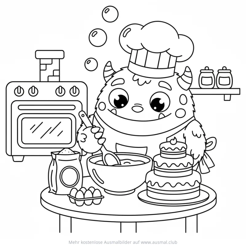 Monster mit Kochmütze backt Kuchen Ausmalbild