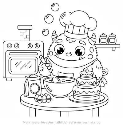 Monster mit Kochmütze backt Kuchen Ausmalbild