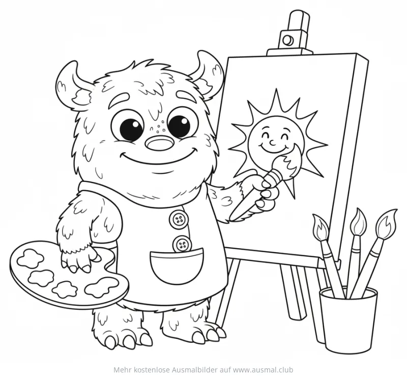 Monster malt ein Sonnenbild auf Staffelei Ausmalbild