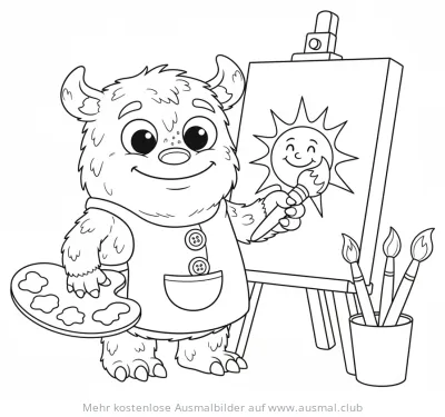 Monster malt ein Sonnenbild auf Staffelei Ausmalbild