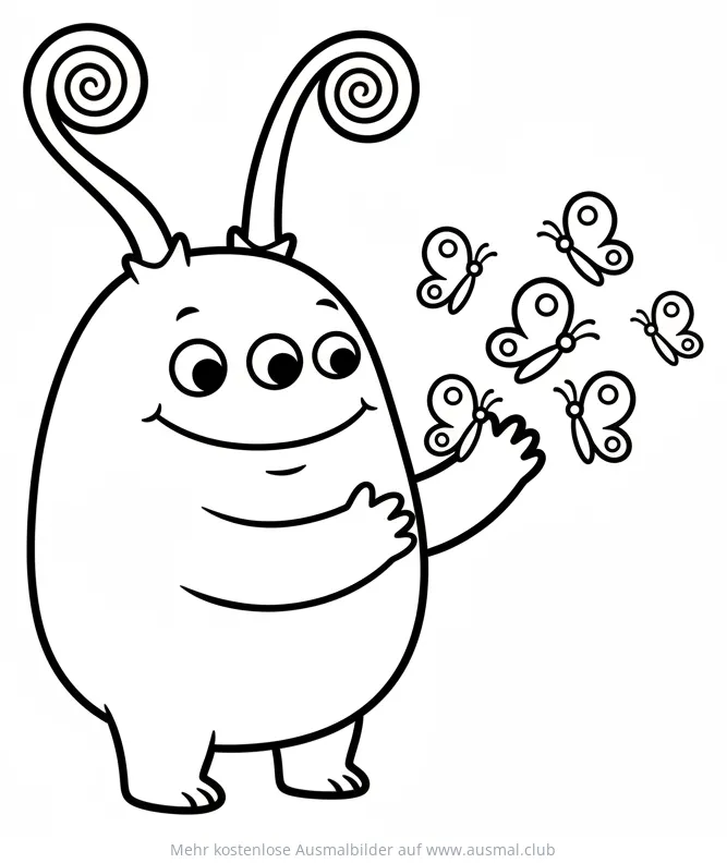 Freundliches Monster mit Schmetterlingen Ausmalbild