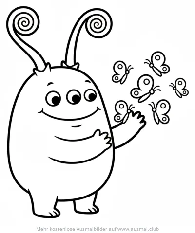 Freundliches Monster mit Schmetterlingen Ausmalbild