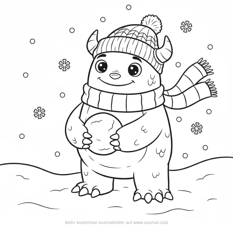 Wintermonster mit Mütze und Schneeball Ausmalbild