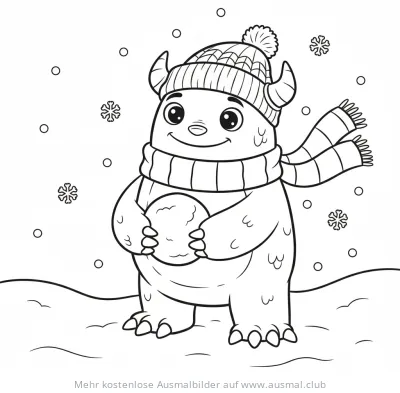 Wintermonster mit Mütze und Schneeball Ausmalbild