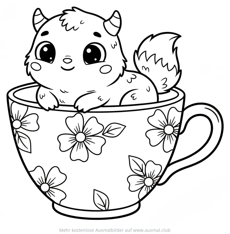 Monster in Teetasse Ausmalbild mit Blumenmuster