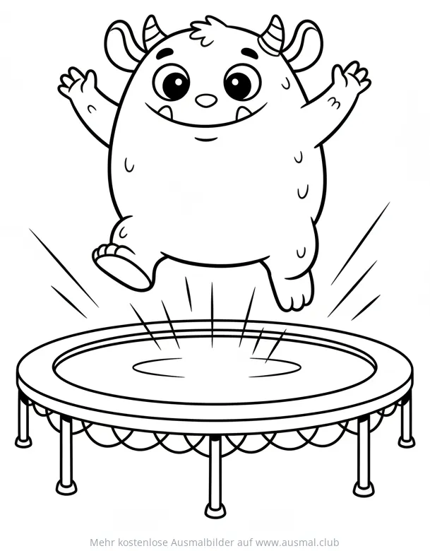 Monster springt auf Trampolin Ausmalbild