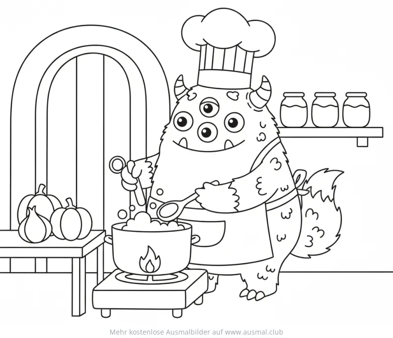 Monster als Koch in der Küche Ausmalbild