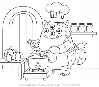 Monster als Koch in der Küche Ausmalbild