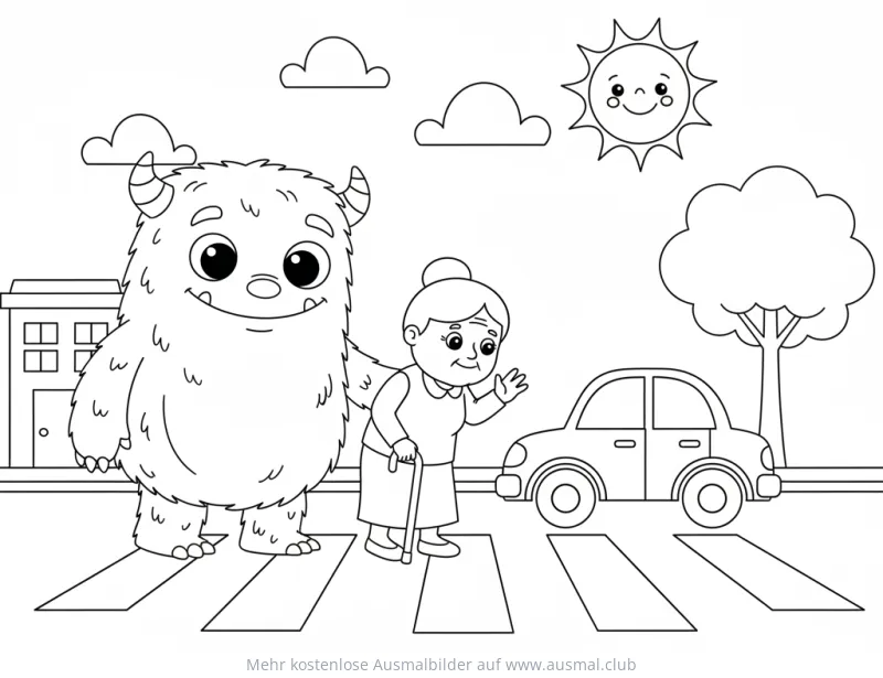 Monster hilft Oma beim Überqueren des Zebrastreifens Ausmalbild