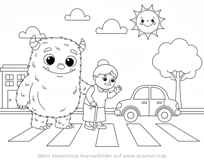 Monster hilft Oma beim Überqueren des Zebrastreifens Ausmalbild