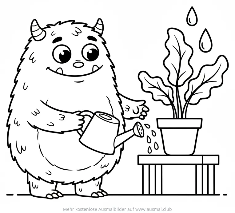 Freundliches Monster gießt Zimmerpflanze im Topf Ausmalbild
