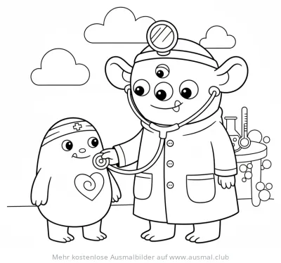 Monster Arzt untersucht Monster Patienten Ausmalbild