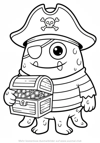 Monster als Pirat mit Augenklappe und Schatzkiste Ausmalbild