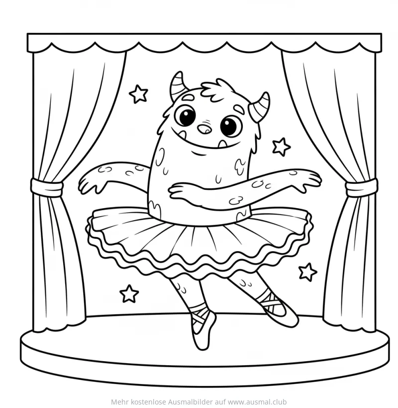 Monster als Ballerina auf der Bühne Ausmalbild