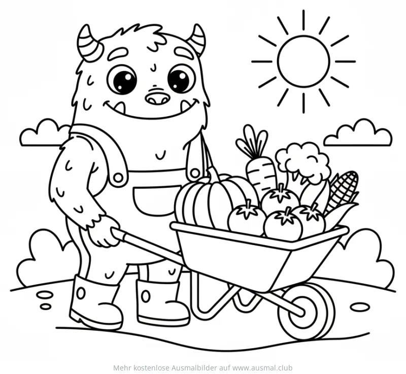 Monster als Bauer mit Schubkarre voller Gemüse Ausmalbild