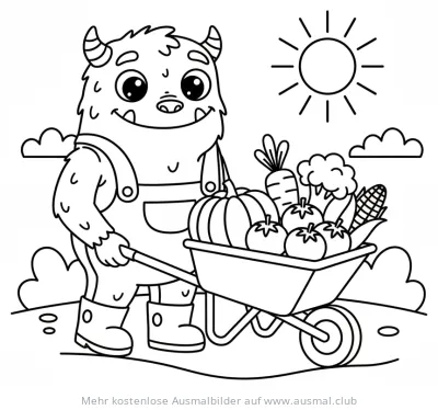 Monster als Bauer mit Schubkarre voller Gemüse Ausmalbild
