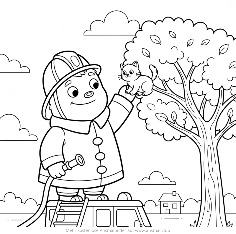Feuerwehrmann rettet Katze aus Baum Ausmalbild