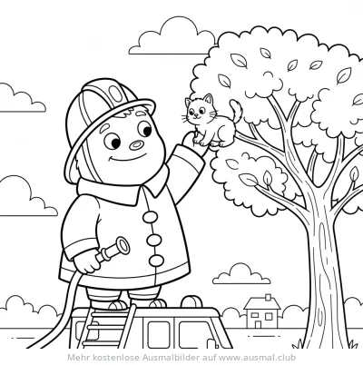 Feuerwehrmann rettet Katze aus Baum Ausmalbild