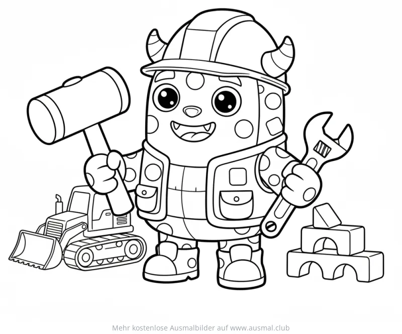 Monster Bauarbeiter mit Hammer und Schraubenschlüssel Ausmalbild