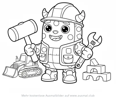 Monster Bauarbeiter mit Hammer und Schraubenschlüssel Ausmalbild