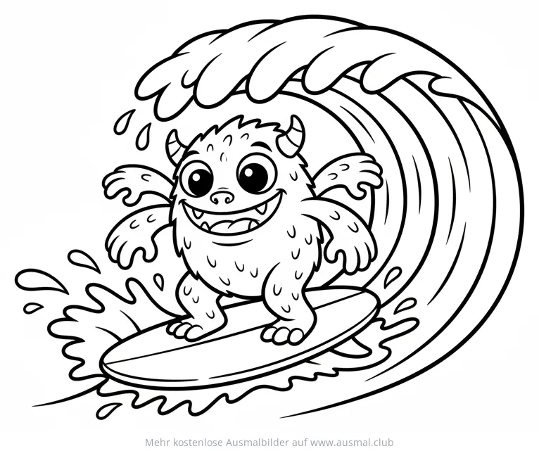 Monster mit Hörnern surft auf einer Welle Ausmalbild