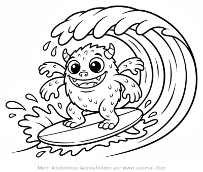 Monster mit Hörnern surft auf einer Welle Ausmalbild