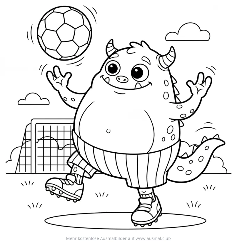 Monster mit Fußball Ausmalbild vor Fußballtor