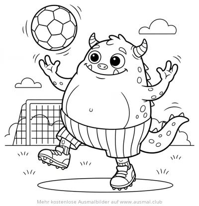 Monster mit Fußball Ausmalbild vor Fußballtor