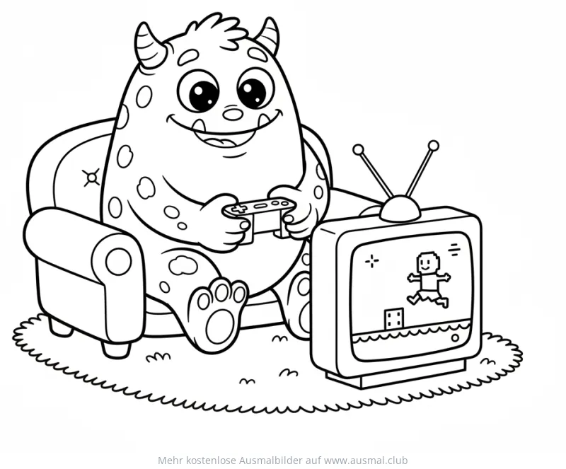Monster sitzt im Sessel und spielt Videospiel Ausmalbild