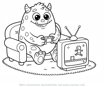 Monster sitzt im Sessel und spielt Videospiel Ausmalbild