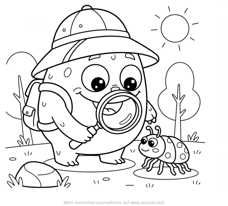 Monster Entdecker mit Lupe und Marienkäfer Ausmalbild