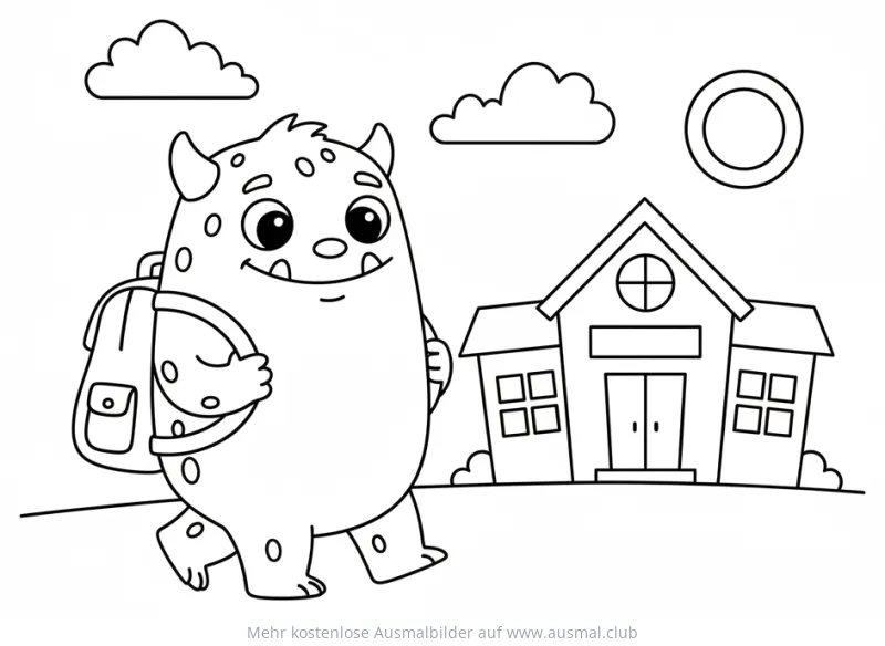 Monster mit Rucksack auf dem Weg zur Schule Ausmalbild