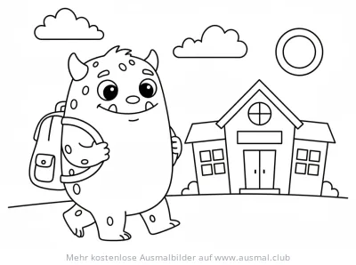 Monster mit Rucksack auf dem Weg zur Schule Ausmalbild